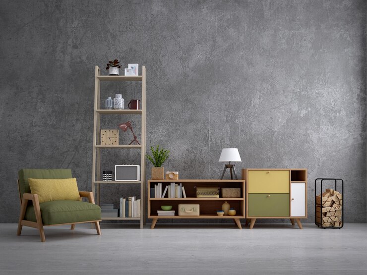 Maqueta de sala de estar con gabinete de madera, estante de mesa y sillón con pared estilo loft de hormigón pulido