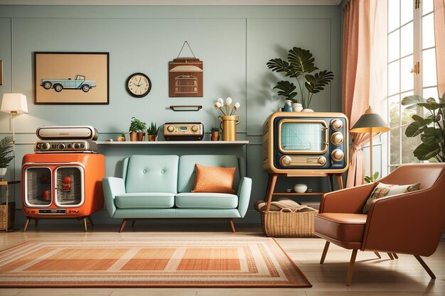una maqueta de una sala de estar de inspiración vintage con electrodomésticos retro y decoración