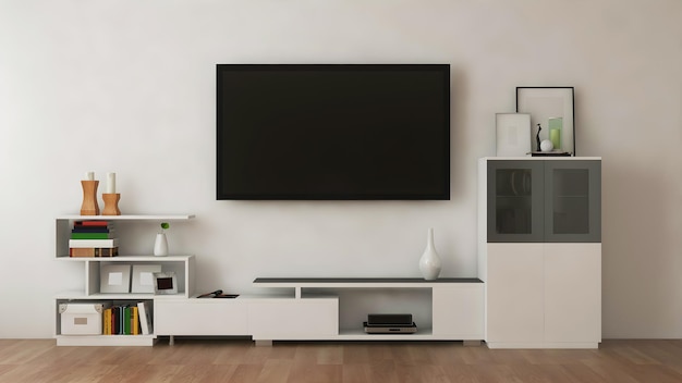 Maqueta de sala interior de tv con tv en blanco y escritorio con estantes blancos