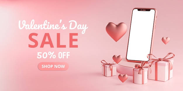 Foto maqueta de smartphone venta de san valentín amor en forma de corazón y caja de regalo representación 3d