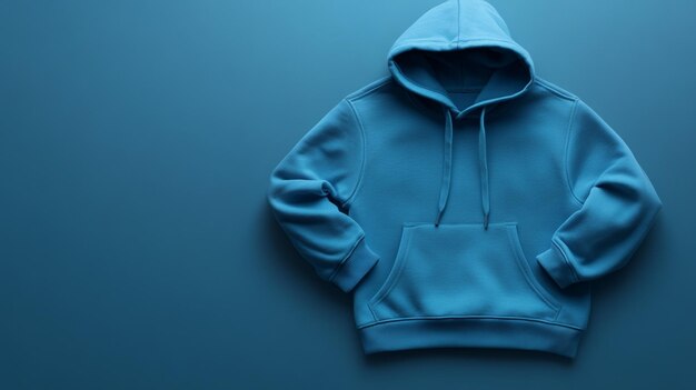 Maqueta de una sudadera azul con capucha mostrada en un fondo azul texturizado con fines de diseño