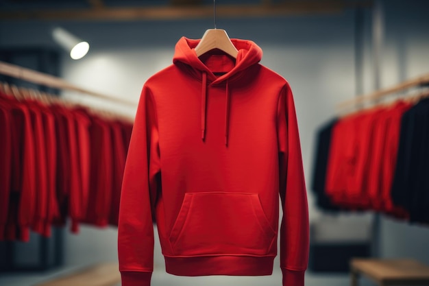 Una maqueta de una sudadera roja en la tienda