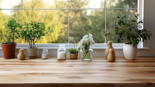 Maqueta de superficie de mesa de cocina de madera vacía vegetación y accesorios fondo AI Contenido generado