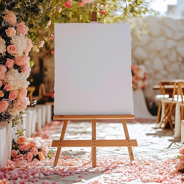 Foto maqueta de tablero de boda vertical de letrero de boda con flores rosadas