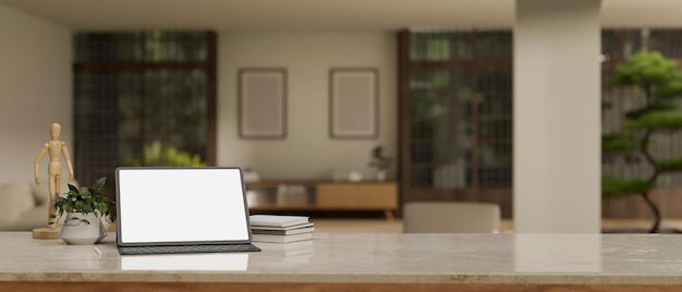Foto una maqueta de tableta digital y espacio de copia en una mesa en una sala de estar moderna y contemporánea
