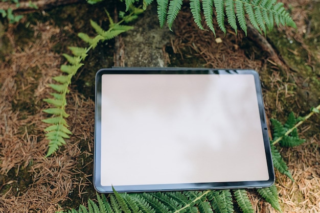 Maqueta de tableta en el fondo de la naturaleza en el bosque. Lugar de trabajo en la naturaleza, maqueta de ipad con espacio en blanco