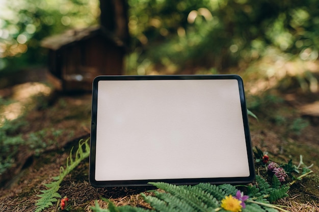 Maqueta de tableta en el fondo de la naturaleza en el bosque. Lugar de trabajo en la naturaleza, maqueta de ipad con espacio en blanco