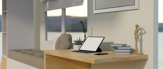 Foto una maqueta de tableta portátil sobre una mesa de madera en una sala de estar minimalista y cómoda