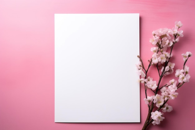 Una maqueta de una tarjeta blanca con flores primaverales sobre un fondo rosa al estilo