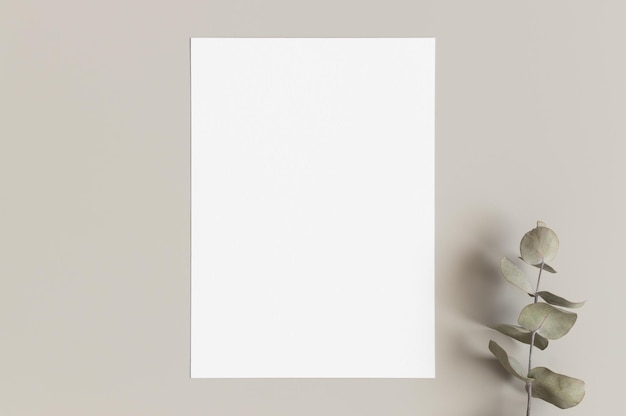 Maqueta de tarjeta blanca de invitación con una rama de eucalipto de 5x7 similar a A6 A5