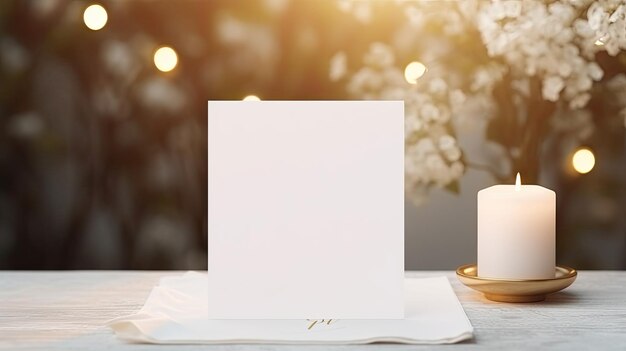 Maqueta de tarjeta blanca con ruta de recorte para varios propósitos de boda colocada en un fondo de configuración de mesa de bodas