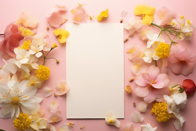 Una maqueta de tarjeta en blanco con flores de verano en colores amarillos y rosados invitación moderna y de moda