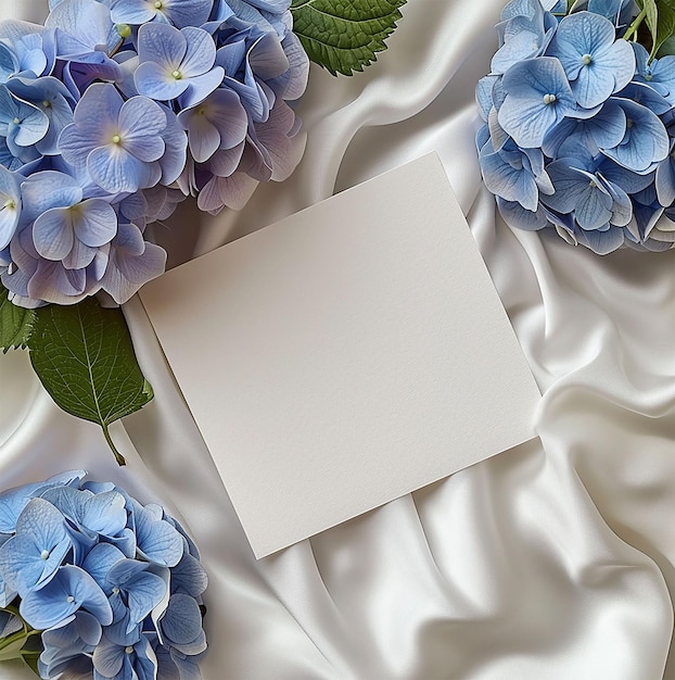 Maqueta de tarjeta cuadrada vacía con maqueta de flores de hortensia
