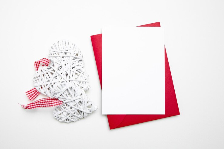 Maqueta de tarjeta del día de San Valentín con corazones y sobre rojo sobre fondo blanco vista superior plana en blanco