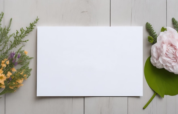 Maqueta de tarjeta de felicitación en blanco sobre fondo de madera con flores de jardín maqueta plana