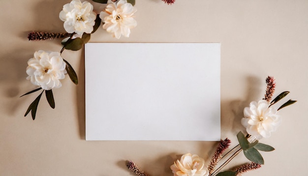 Foto maqueta de tarjeta de invitación adornada con flores naturales que ofrece una plantilla minimalista para varias occas