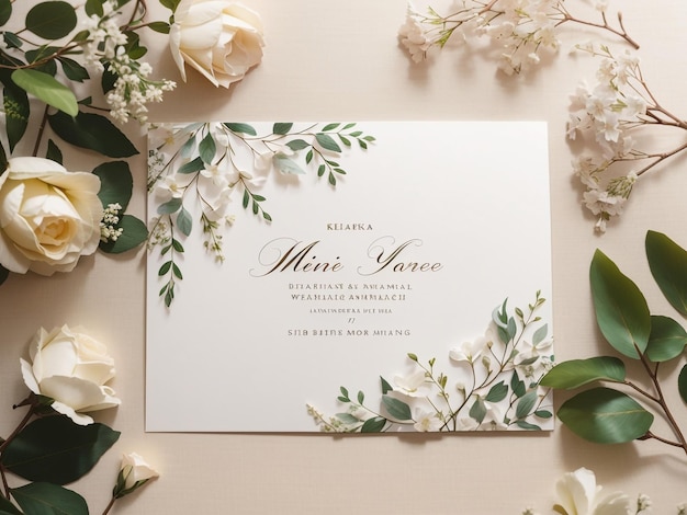 Maqueta de tarjeta de invitación de boda en blanco con diseño floral moderno