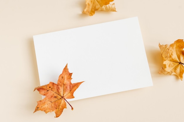 Maqueta de tarjeta de invitación con hojas de arce otoñales sobre fondo beige pastel Plantilla en blanco de maqueta de papel blanco para marca y publicidad Vista superior espacio de copia plana