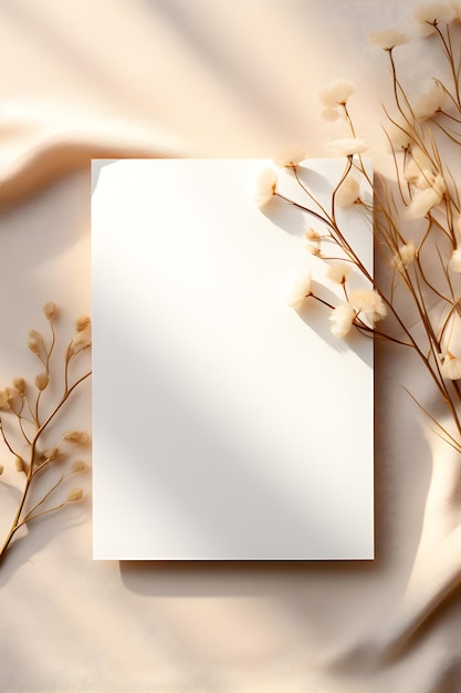 Maqueta de tarjeta de invitación y plantas secas Tarjeta de felicitación en blanco con espacio de copia Vista superior flatlay