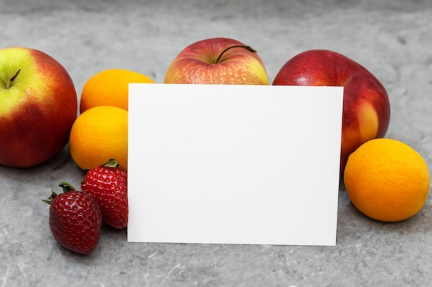 Maqueta de tarjeta y papel blanco armonizada con fruta fresca creando una sinfonía visual