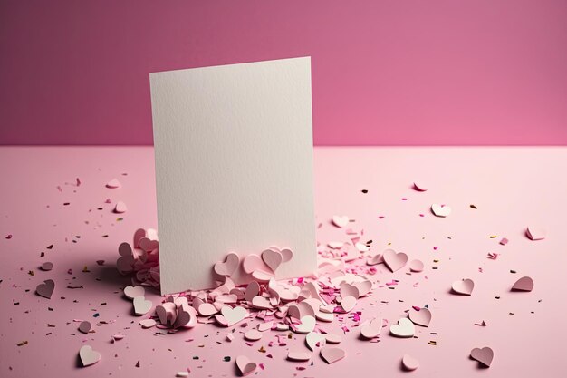 Maqueta de tarjeta de papel en blanco sobre fondo rosa con corazón rosa Ilustración AI generativo