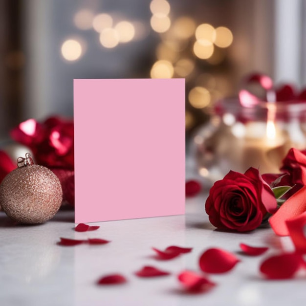 Maqueta de una tarjeta postal en una mesa con elementos de decoración romántica para el Día de San Valentín