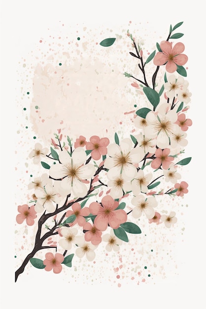 Maqueta de tarjeta de primavera con flor de cerezo sobre fondo blanco y espacio para texto