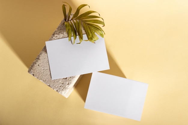 Maqueta con tarjetas de papel horizontales en blanco con espacio de copia en un zócalo con hojas de palma Luz solar intensa y sombras sobre un fondo beige Plantilla mínima para el diseño comercial Vista superior plana