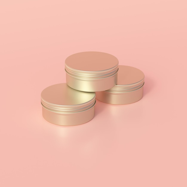 Maqueta de tarro cosmético editable de lata redonda metálica dorada representación 3d