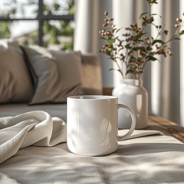 Maqueta de taza blanca en el entorno de la sala de estar