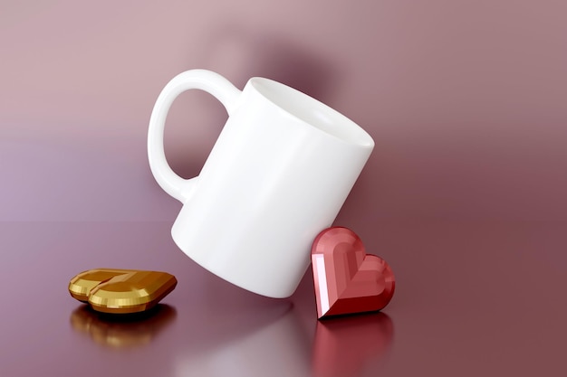 Maqueta de taza blanca de escena de render 3d con reflejo sobre fondo rosa brillante