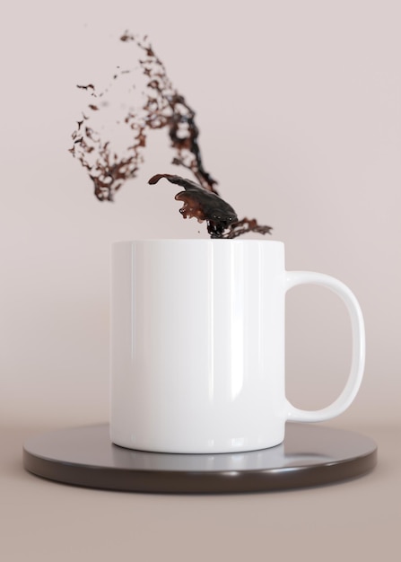 Maqueta de taza blanca con salpicaduras de café Plantilla vertical en blanco para su logotipo de publicidad de diseño Espacio de copia de primer plano Presentación de la taza sobre fondo beige Maqueta de taza de café minimalista Render 3D