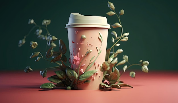 maqueta de taza de café 3d render al estilo de delicadas representaciones de flora