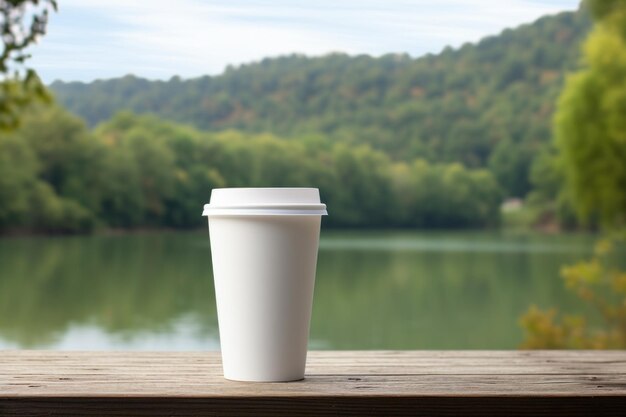 Maqueta de taza de café desechable de papel en una mesa de madera con el fondo del lago y la montaña