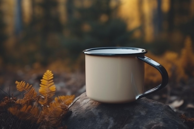 Maqueta de taza de café de esmalte en blanco taza de camping vacía en presentación de naturaleza salvaje