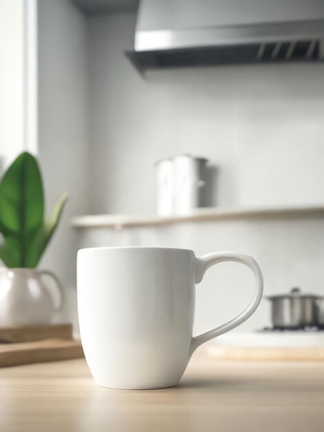 Maqueta de taza de café con leche en blanco vacía en una cocina