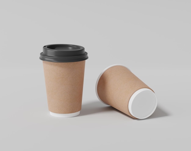 Maqueta de taza de café de papel kraft con tapa Paquete redondo realista