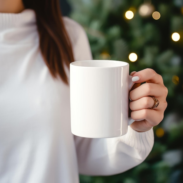 Maqueta de taza en mano femenina sobre el fondo del árbol de Navidad