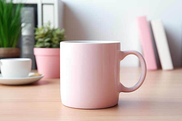 Maqueta de la taza en la mesa Espacio para el concepto de marca de texto.