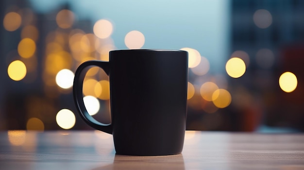 Maqueta de taza negra contra el fondo de luces borrosas