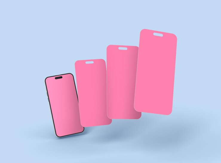 Maqueta de teléfono 14 pro y algunas pantallas separadas concepto de aplicación ui ux flotante render 3d