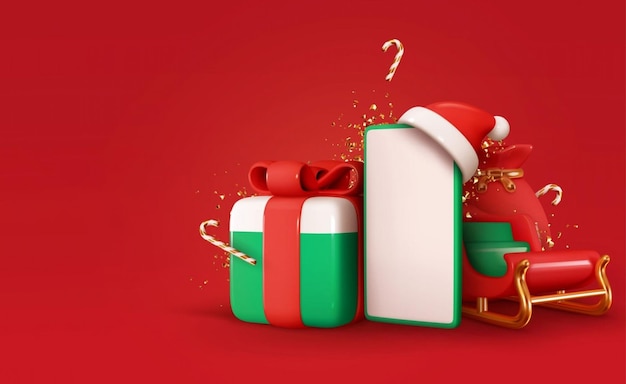 Maqueta de teléfono inteligente con decoraciones navideñas realistas en 3D Cajas de regalos de Año Nuevo Bolsa de regalo Trineo de bastones de caramelo Papá Noel