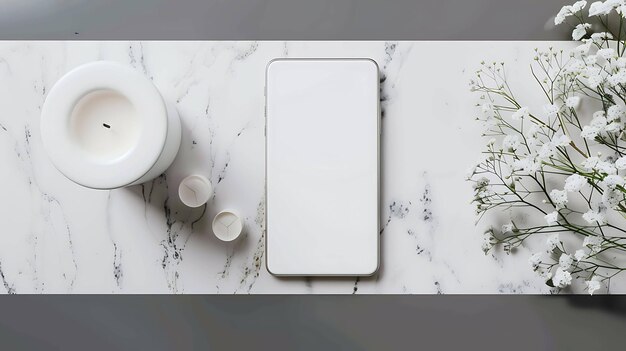 Una maqueta de teléfono inteligente en una mesa de mármol con una vela y flores