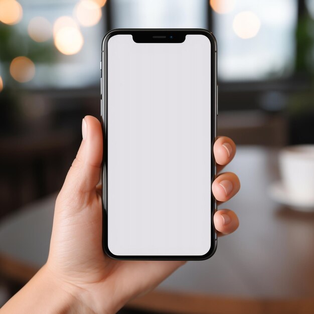 Maqueta de teléfono inteligente mujer de negocios con la mano sosteniendo teléfono negro pantalla blanca con generativo Ai