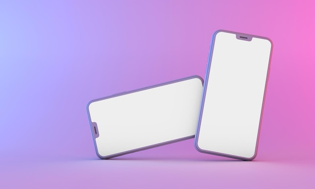 Maqueta de teléfono inteligente con pantalla blanca en blanco con iluminación de neón 3D Render