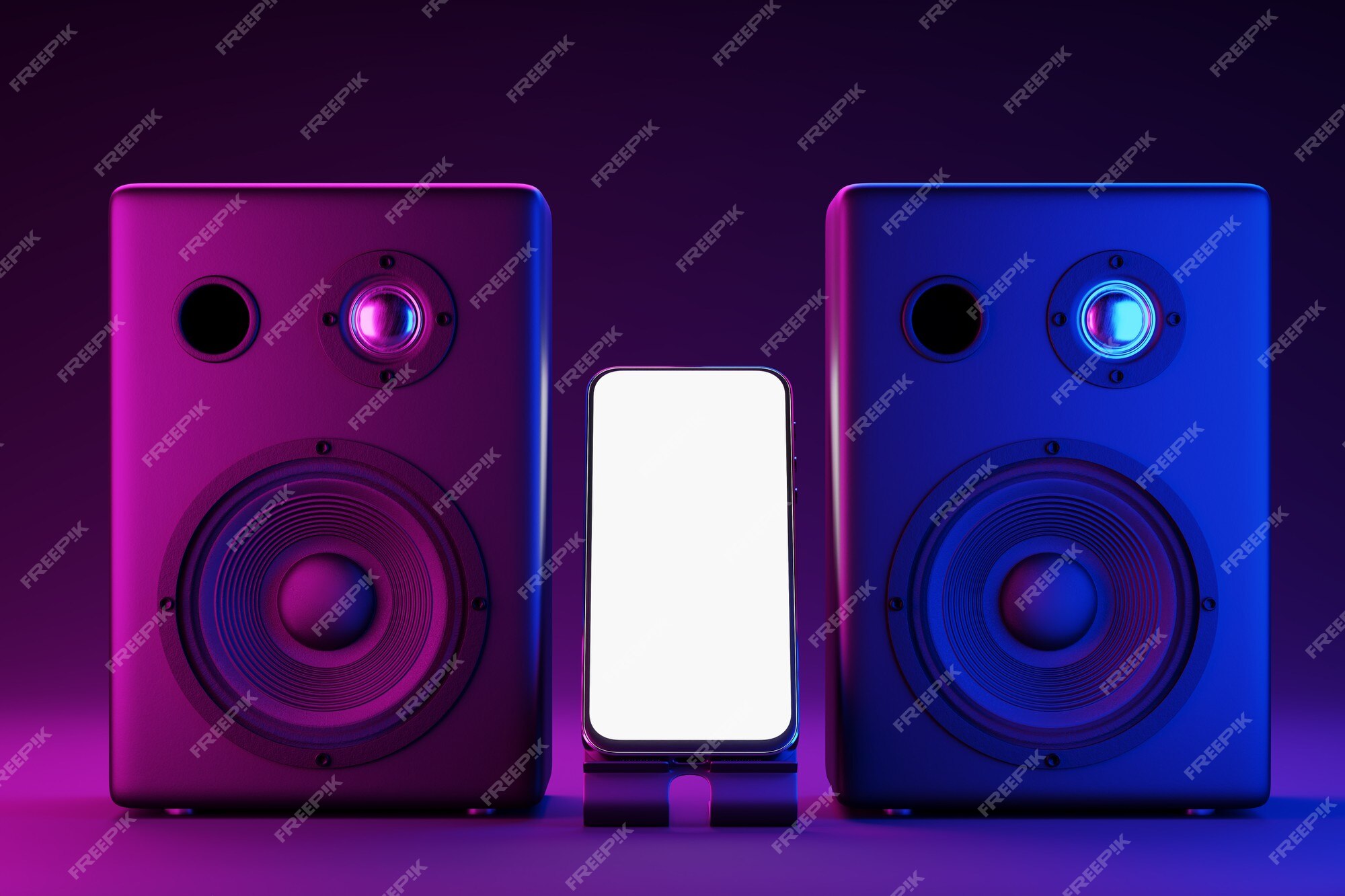 Maqueta de un teléfono inteligente con una pantalla blanca en el fondo de los altavoces de música. iluminación de neón de clones musicales. maqueta de teléfono inteligente de pantalla blanca para el Maqueta de un teléfono inteligente con una pantalla blanca en el fondo de los altavoces de música. iluminación de neón de clones musicales. maqueta de teléfono inteligente de pantalla blanca para el