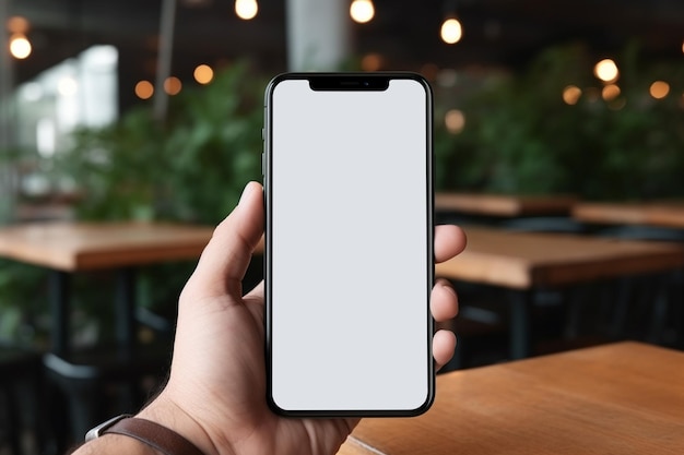 Maqueta de teléfono inteligente con pantalla en blanco contra el fondo borroso de la cafetería