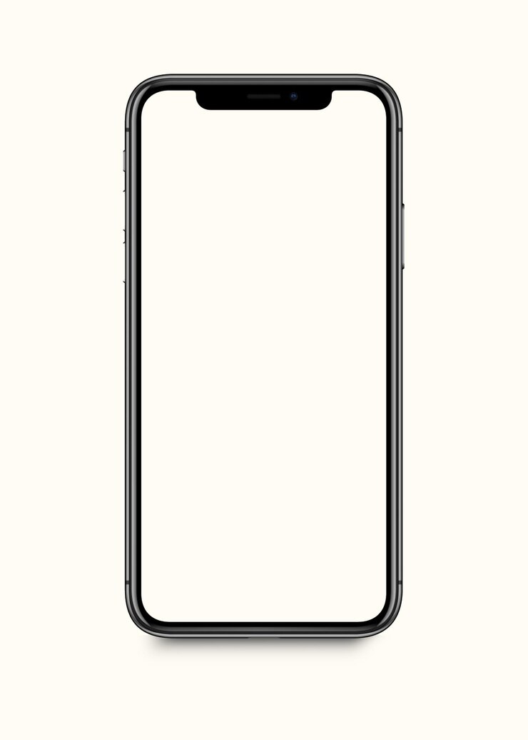 Maqueta de teléfono inteligente de vista frontal realista Marco púrpura de iPhone móvil con fondo blanco en blanco