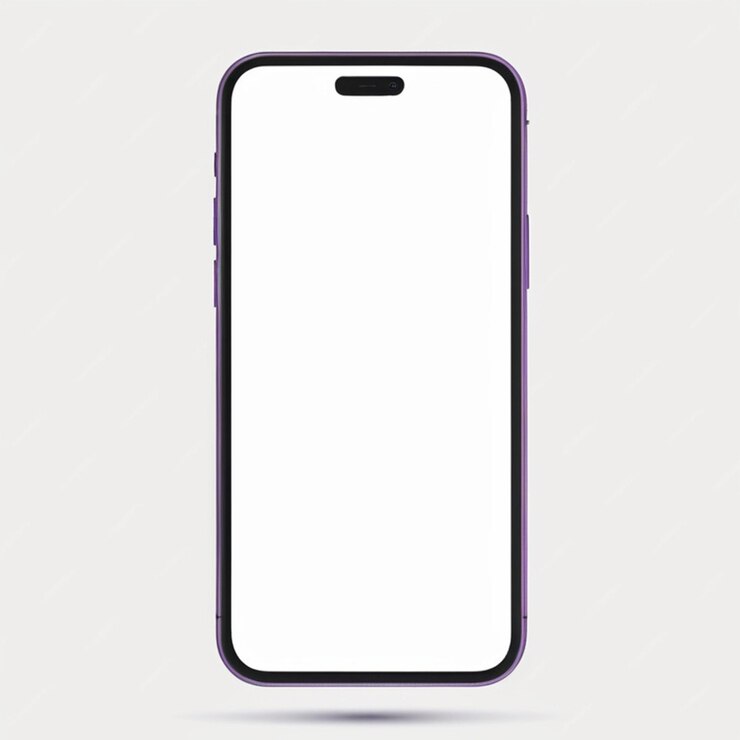 Maqueta de teléfono inteligente de vista frontal realista Marco púrpura de iPhone móvil con fondo blanco en blanco