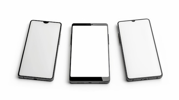 La maqueta del teléfono móvil está aislada en un fondo blanco con tres ángulos